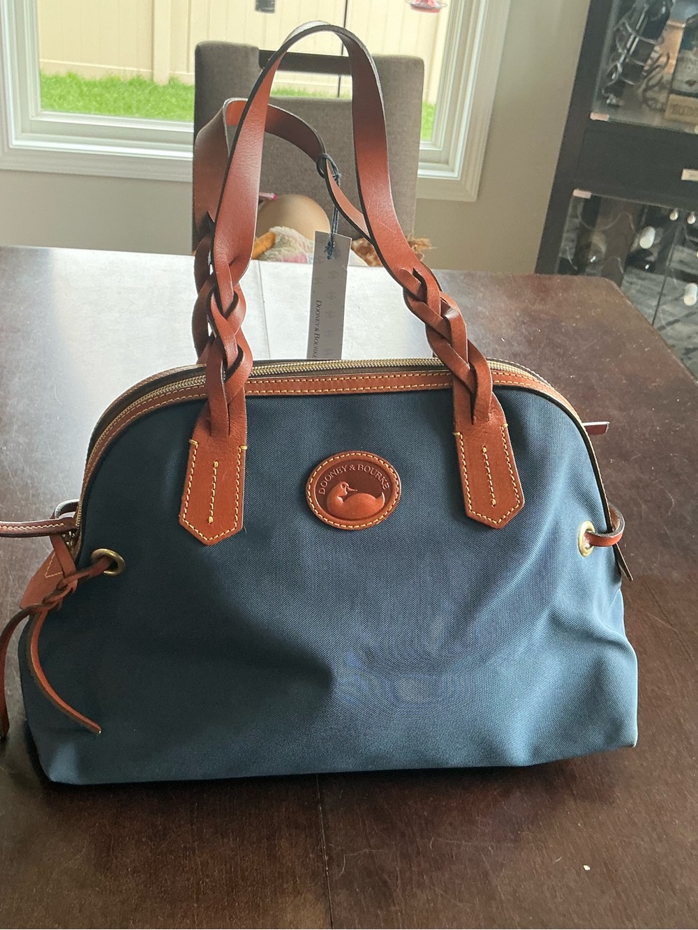 Dooney & Bourke Nylon Large Navy Domed Satchel w/ Brown Braided Leather Handles